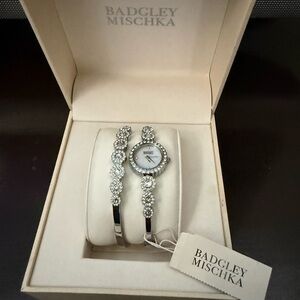 Badgley Mischka Silver Crystal Watch and Bracelet Set
